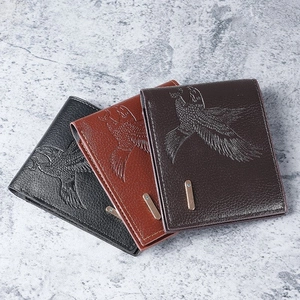 Men's slim bifold leather wallets with eagle pattern in black, brown, and coffee shades