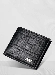 Detail of black pebbled leather men's wallet with geometric stitching and silver metal logo