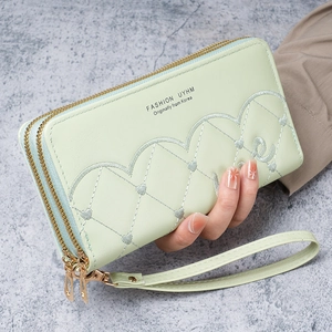 Dames Lange Portemonnee Dubbele Rits Hart Borduurwerk Telefoontas Synthetisch Leer Clutch Polstas Mode Beurs Cadeau