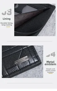 Detailed close-up of men's plaid wallet with textured leather and metal logo plaque