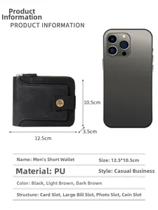 Detailed size comparison and specifications of the vintage men's short tri-fold wallet