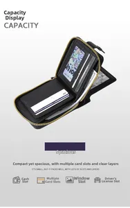 Detail view of black leather wallet interior with card slots, ID window, and large bill pocket
