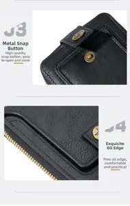 Detail of high-quality golden snap button and smooth oil edge on black leather wallet