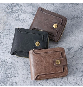 Three vintage men's short wallets in black and brown with star buckle and zipper