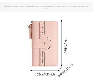 Pink women long wallet with tassel showing dimensions 19cm by 10.5cm by 2.5cm