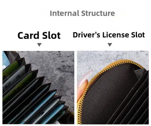 Detail view of yellow accordion card holder with multiple slots and driver license pocket