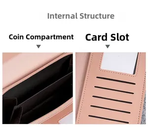 Detail view of pink leather long wallet showing multi-slot card holder and large coin pocket