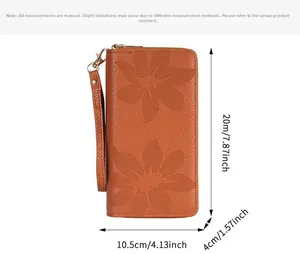 Dimensions détaillées du grand portefeuille marron avec motif floral et dragonne