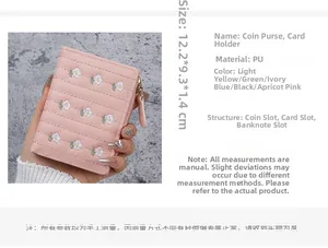 Detailed specs of pink PU wallet with flower embroidery showing dimensions and card slots