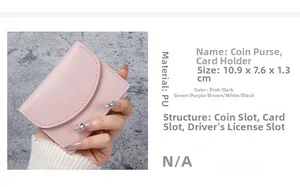 Detailed specs of the compact PU leather card wallet showing six colors and internal slots