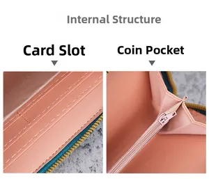 Détail du portefeuille en cuir rose avec fentes pour cartes et poche à monnaie zippée