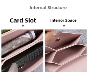 Detail view of pink PU leather wallet showing internal card slots and snap button closure