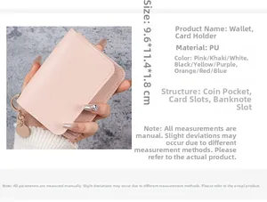 Pink lychee grain leather wallet details with dimensions and internal structure layout