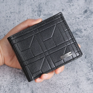 Portafoglio da Uomo Corto Pieghevole in Due Pelle PU Motivo a Griglia Geometrica Slot Multi Carte Business Casual Con Dettaglio in Metallo