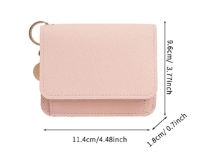 Pink lychee texture leather card holder with gold keychain showing product dimensions