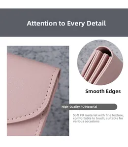 Detailed view of pink PU leather card holder showing smooth edge oil and accordion fold