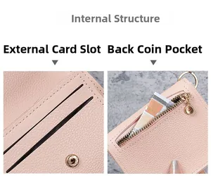 Detail of pink lychee leather wallet featuring card slots and back zipper pocket
