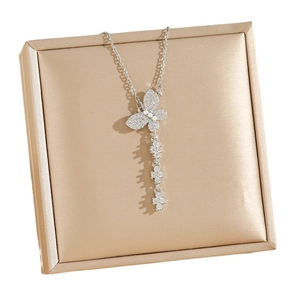 Elegant titanium steel butterfly pendant necklace with zircon and tassel pearl detail