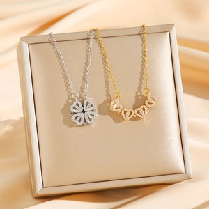 Collier cœur polyvalent en acier titane avec zircons, forme trèfle ou cœur pliable