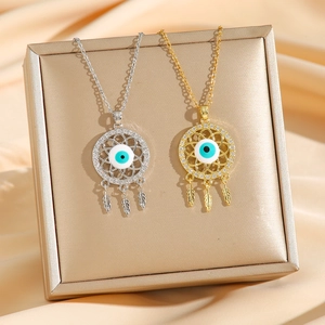 Bohemian dreamcatcher necklaces with blue evil eye pendants and zircon accents