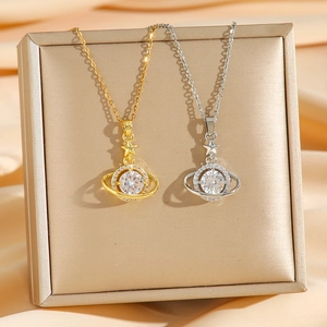 Planet Star Pendant Necklace Stainless Steel Sparkling Zircon Elegant Light Luxury Clavicle Chain Jewelry For Women