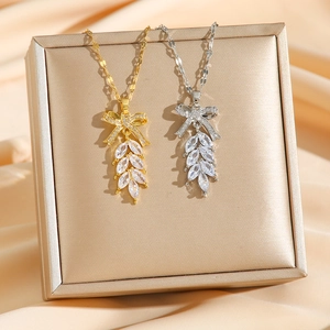 Bowknot Wheat Leaf Pendant Necklace Stainless Steel Zircon Inlaid Elegant Korean Style Jewelry For Women