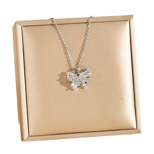 Double-layered butterfly pendant necklace with pavé zircons and gold jewelry box