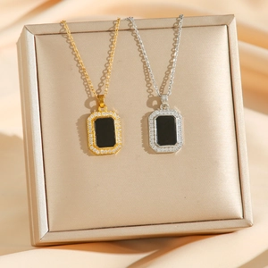 Geometric Rectangle Pendant Necklace Stainless Steel 18K Gold Plated Black Enamel Zircon Inlaid Clavicle Chain For Women