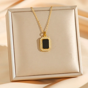 18K gold plated geometric black pendant necklace with pavé crystal accents for women