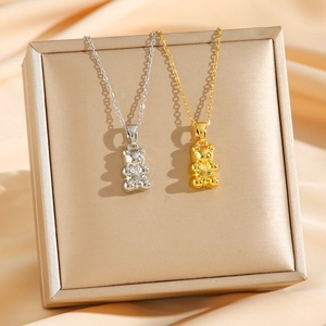 Cute Bear Pendant Necklace Titanium Steel Polished Animal Shape Simple Clavicle Chain Jewelry For Women