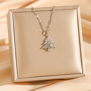 Micro-pave rotating snowflake Christmas tree necklace in silver titanium steel with diamonds