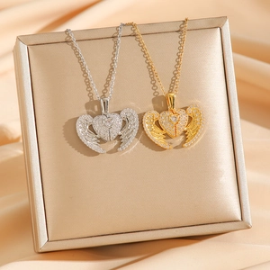 Angel Wings Heart Pendant Necklace Titanium Steel Full Rhinestone Opening Closing Angelic Wing Fashion Jewelry For Women