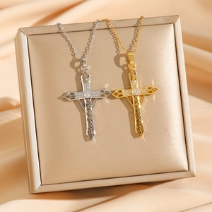 Hollow Cross Pendant Necklace Titanium Steel Rhinestone Sword Cloud Pattern Vintage Luxury Trendy Jewelry Women Men