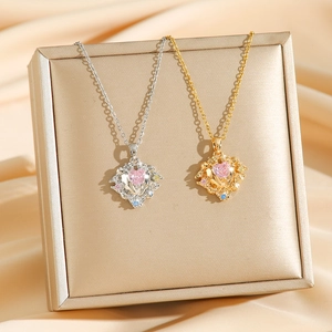 Ocean Heart Pendant Necklace Pink Zircon Heart Titanium Steel Clavicle Chain For Women Sparkly Premium Elegant