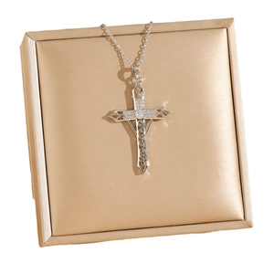 Intricate hollow sword cross necklace with diamonds and cloud pattern on gold background