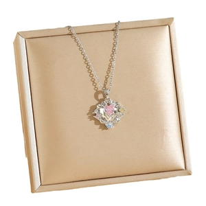 Pink heart-shaped zircon necklace with silver titanium steel chain and colorful stones