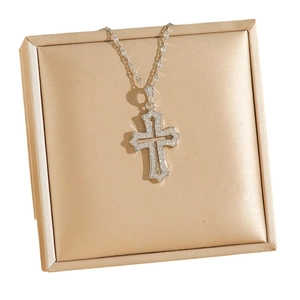 Retro zircon cross pendant necklace with silver chain on gold silk jewelry box