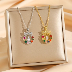 Bowknot Pendant Necklace Titanium Steel Multicolored Zircon Wreath Water Drop Dainty Elegant Jewelry For Women