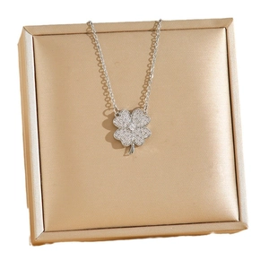 Silver titanium steel four leaf clover necklace with full zircon pavé setting