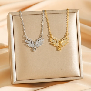 Titanium steel necklace featuring angel wings and infinity symbol in gold and silver