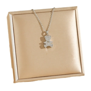 Sparkling zircon teddy bear pendant necklace with O-chain in a premium jewelry gift box