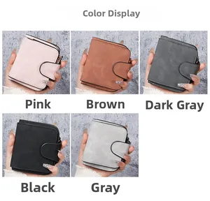 Color display of women short frosted leather wallets with snap closure in five colors