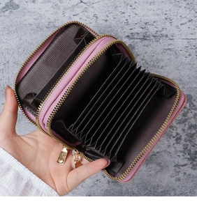 Pink double zipper PU leather card holder with multi-layer accordion slots and gold metal hardware