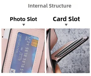 Detail view of pink leather wallet interior showing multiple card slots and photo window