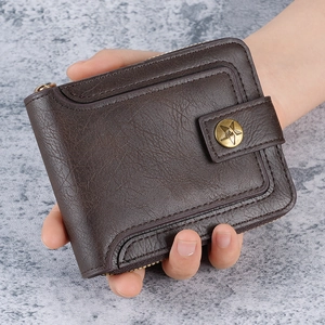 Retro Men's Short Horizontal Wallet Multi-Functional PU Leather Tri-Fold Card Holder With Zipper And Star Buckle Vintage Style