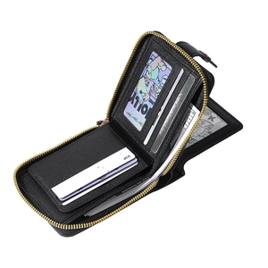 Men's vintage black bifold wallet with wrap-around zipper and multi-card slot design