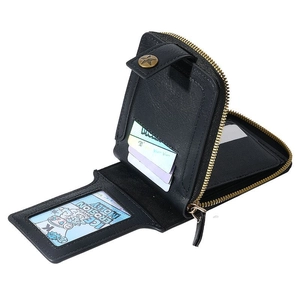 Men's vintage black bifold leather wallet with multi-card slots and zipper coin pocket