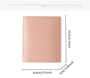 Slim pink leather card holder dimensions shown as 10.2cm height and 8.9cm width