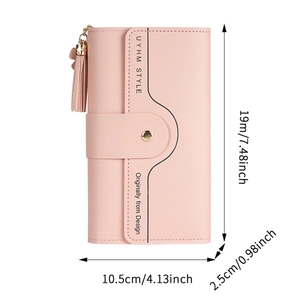 Pink trifold long wallet for women with tassel detail and dimensions 19cm x 10.5cm