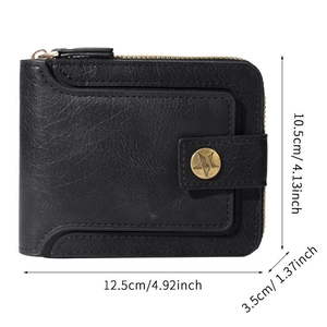 Vintage men's trifold leather wallet with zipper pocket and metal star snap button